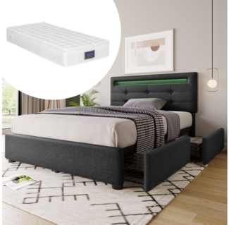 BlingBin Einzelbett Polsterbett Höhenverstellbarem Kopfteil 90x200cm Grau (Inklusive Matratze mit LED-Beleuchtung und 2 Schubladen), Gesamtabmessung 208x100.5x93.5-103 cm