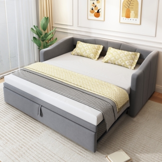 Polsterbett, Ausziehbares Schlafsofa 90/180 × 200 cm mit Lattenrosten, Multifunktionsbett aus hautfreundlichem Samtstoff, Samtstoff, Grau, 90/180 × 200 cm