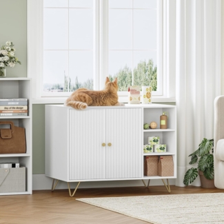 Katzenklo Schrank, Katzentoilette Schrank, Katzenschrank für Katzentoilette mit Tür und Offene Fächer, Hohe Beine, für Katzen, Doppeltür, Beistelltisch, 80 × 50 × 60,4 cm, Weiß und Gold