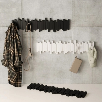 Umbra Stäbchen Garderobenhaken mit 8 Haken – Moderne und platzsparende Garderobenleiste mit acht Beweglichen Haken für Jacken, Mäntel, Schals, Handtaschen und mehr, Weiss