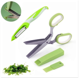 XDeer Kräuterschere Kräuterschere mit Reinigungskamm und Abstreiflöchern,5 Klingenpaare,Rostfreier Edelstahl/Kunststoff