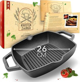 Krustenzauber Grillpfanne 26cm Grillpfanne Induktion -, (Geriffelte Gusseisenpfanne Induktion - Ideale Gusseisen Pfanne, Eisenpfanne, Cast Iron Pan, Bratpfanne), Gusseiserne Pfanne Skillet Gusspfanne