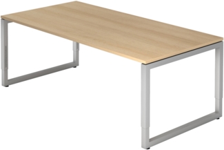 bümö höhenverstellbarer Schreibtisch R-Serie 200x100 cm in Eiche, Gestell in Silber - großer PC Tisch für's Büro manuell höhenverstellbar, Computertisch verstellbar, RS-2E-E-S