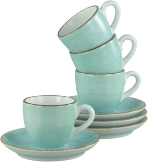 CreaTable Espressotasse Vintage Nature Aqua, Espresso-Set, 8-tlg, Porzellan, Handgemalt, Gesprenkelt, Rustikales Außenband