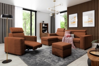 Ecksofa inkl. Hocker und Sessel CANTON Stoff Camelia Rostbraun Ottomane Links