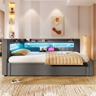 Merax Daybett 90x200cm/180x200cm mit LED-Beleuchtung, USB & Typ-C (Sofabett Jugendbett Einzel- & Doppelbett, 1 tlg), Tagesbett mit Ausziehbett und Staufächern,Schlafsofa,Doppelbett,Leinen