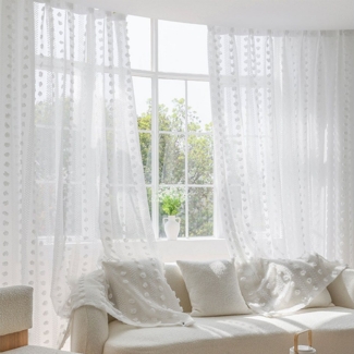 Jibenhome Gardine Voile Vorhänge Halbtransparent Vorhang, Wohnzimmer Luftig Dekoschal (2 St), Gardinen Kinderzimmer Mädchen Schlafzimmer mit Pompons Fensterschal