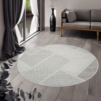 Teppich Rund - 120x120cm - Beige Grün - Boho Style - Geometrische Muster - Flachflor Wohnteppich Schlafzimmer Deko