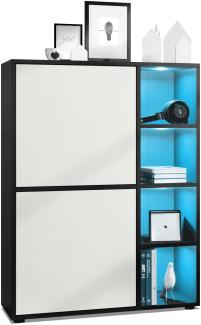 Highboard Schrank Anrichte Cuba mit 8 Fächern, Korpus in Schwarz matt / Fronten in Weiß matt, mit RGB LED Beleuchtung