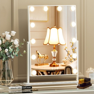 oyajia Kosmetikspiegel Hollywood Schminkspiegel mit 12 LED Beleuchtung, 360° Drehbar Spiegel (Touch-Steurung Wandspiegel Weiß 30x41 cm, 12 dimmbare LEDs mit 3 einstellbaren Lichtfarben), Tischspiegel für Schlafzimmer Kosmetikstudio Schönheitssalon Makeup