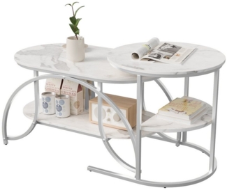 FUROKOY Couchtisch Beistelltisch Sofatisch wohnzimmertisch kaffeetisch 2er set (Runder Tisch Oval), Modern design Couchtisch mit Silber beinen,Marmoroptik,Silber + Weiß