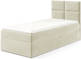 MEBLINI Kinderbett mit Bettkasten MINO 3 90x200 Rechts – H3/Creme Samt Gepolstert Einzelbett mit Matratze - Polsterbett mit Stauraum - Bett mit Kopfteil – Stauraumbett