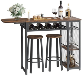 Bestier Bartisch Ausziehbarer Küchentisch mit 2 Hockern (Set, 1 Tisch und 2er-Set Hocker), Weinregal & 3 Ablagen für Küche, Esszimmer