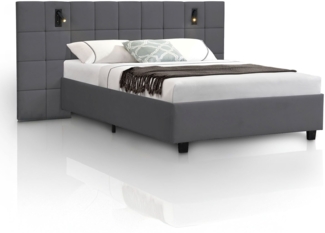 Juskys Polsterbett 140x200 cm Luzano - Bett mit LED, Lattenrost & Kopfteil - Modernes Bettgestell aus Holz & Samt - Doppelbett, Samtbett - Dunkelgrau