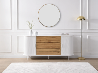 Vente-unique - Sideboard mit 2 Schiebetüren & 3 Schubladen - MDF - Weiß & Holzfarben - VELURANI