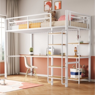 Flieks Hochbett Metallbett 90x200 cm mit Sicherheitsleiter, Schreibtisch und Regalen