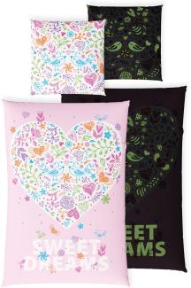 Carpe Sonno Kinderbettwäsche Leuchtende Bettwäsche 135x200 Mädchen Rosa Herz Blume Kinder Bettbezug, Renforcé, 2 teilig, GLOW IN THE DARK Blumen Bettwäsche Mädchen Herz