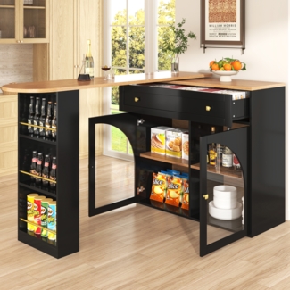 Ausziehbarer Bartisch Schwarz 138–204 cm, 360° drehbar, Sicherheitsglas, dreistufiges Seitenregal, verstellbare Regalbretter