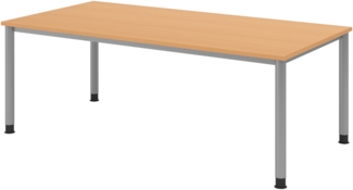 bümö höhenverstellbarer Schreibtisch H-Serie 200x100 cm in Buche, Gestell in Silber - großer PC Tisch für's Büro manuell höhenverstellbar, Computertisch verstellbar, HS-2E-6