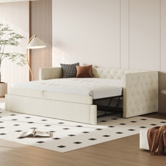 Beiges Schlafsofa 90x200 cm Mit Ausziehbett Und Samtbezug Multifunktionsmöbel 2-in-1 Design Sofabett Mit 300 Kg Tragkraft