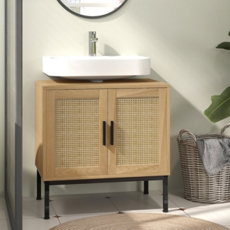 Celya Waschbeckenunterschrank Unterschrank mit Schrankfach, Waschtischunterschrank mit Rattanoptik Badunterschrank mit Kippschutz, Eiche, 60 x 39 x 60 cm