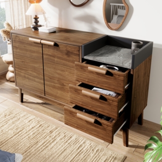 Kommode, Wohnzimmer-Sideboard in Eiche Dekor mit Marmor-Optik Platte, Offene Ablage + 3 Schubladen & Doppeltürschrank (innen höhenverstellbar), Massivholzbeine, MDF + Holz, Eiche + Weiß, 120×40×77 cm
