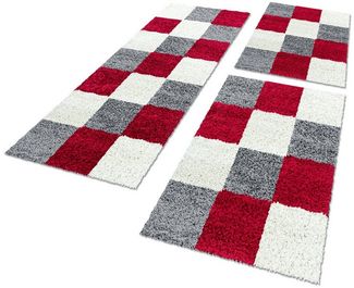 Teppium Teppich Kariert Design, Rechteckig, Höhe: 30 mm, Schlafzimmer Teppich Bettumrandung Läufer Set 3 teilig Rot