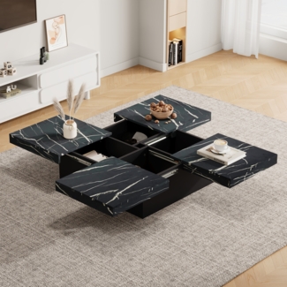 Couchtisch, quadratischer Wohnzimmertisch mit Marmor-Optik und 4 Schubladen, schiebbare Tischplatte, MDF, Schwarz, 90×90×25 cm