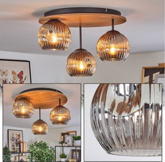 hofstein Deckenleuchte Deckenlampe aus Metall/Holz/Riffelglas in Schwarz/Natur/Rauchfarben, Deckenleuchte im Retro/Vintage-Design (Schirme Ø 15 cm), 3 x E27
