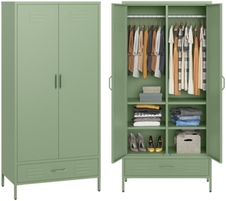 skølm 'Atria' Kleiderschrank mit Schublade, Metall, 170x45x80 cm, grün, Garderobe mit 4 Fächern und 2 Kleiderstangen