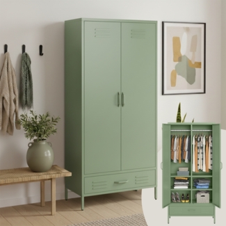 skølm 'Atria' Kleiderschrank mit Schublade, Metall, 170x45x80 cm, grün, Garderobe mit 4 Fächern und 2 Kleiderstangen