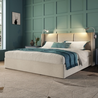 Polsterbett 160x200 cm mit Leselampe & USB Ladefunktion, Stauraum, Hydraulik-Lattenrost,Leinen,Beige