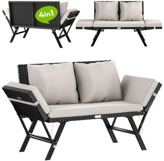 Casaria® Gartenbank mit Liegefunktion / Auflage / Kissen, Polyrattan schwarz / weiß, 176 x 56 x 81 cm