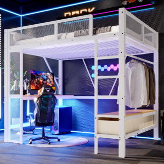 Hochbett mit LED-Streifen, Schreibtisch, Lattenrost, Leiter, Schubladen und Rausfallschutz, 140x200cm, Kinderbett, Metallbett, Jugendbett