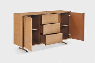 KAWOLA Sideboard GALA 2 Türen 3 Schubladen Kunstleder goldfarben Fuß Edelstahl gebürstet 85 x 40 x 140 cm
