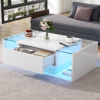 Quadratischer Couchtisch 100x50x31 cm, Hochglanz Weiß,gehärtetes Glas, 1 Schublade, halboffener Stauraum,mit LED-Lichtleiste