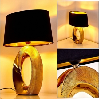 hofstein Tischleuchte Schlaf Wohn Zimmer Leuchten Stoff schwarz Keramik gold Nacht Tisch