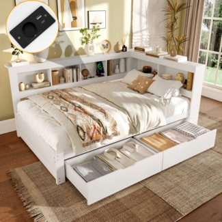 Merax Daybett, 140 x 200 cm, Doppelbett, Schlafsofa, Tagesbett mit zwei Schubladen, Mit Steckdose und 2 USB-Anschlüssen, Bett mit Lattenrost (ohne Matratze), Spanplatte, Weiß