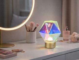 Kleine ausgefallene Akku Tischlampe STAVRO USB aufladbar, Glas bunt, Höhe 17,5cm