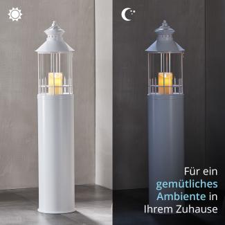 KHG Laterne Leuchtturm 99 cm mit LED-Kerze aus Metall/Glas in weiß, Kerzenständer, Kerzenhalter, Outdoor und Indoor, Deko, Glaseinsatz, für Wohnzimmer, Balkon, Terrasse, Garten usw.