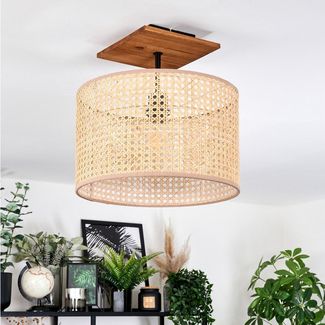 hofstein Deckenleuchte Deckenlampe Metall/Rattan/Wienergeflecht/Stoff in Schwarz/Natur/Beige, ohne Leuchtmittel, runde Deckenleuchte im modernen Boho-Design (Schirm Ø 35 cm), E27