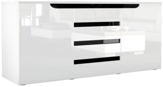 Vladon Sideboard Sintra V1 (Kommode, mit 2 Türen und 4 Schubladen), Weiß matt/Weiß Hochglanz/Schwarz Hochglanz (139 x 72 x 35)