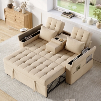 Merax 2-Sitzer Schlafsofa mit Stauraum und Verstellbarer Rückenlehne, Sofa mit Armlehnen-Staufächern und Kissen, Vielseitiges Klappsofa, Beige