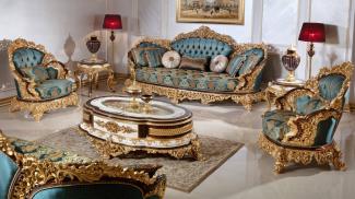 Casa Padrino Luxus Barock Wohnzimmer Set Blau / Weiß / Braun / Gold - 2 Sofas & 2 Sessel & 1 Couchtisch & 2 Beistelltische - Handgefertigte Wohnzimmer Möbel im Barockstil - Edel & Prunkvoll