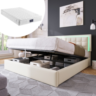 Polsterbett 160x200 cm aus PU-Kunstleder mit Stauraum und LED-Beleuchtung