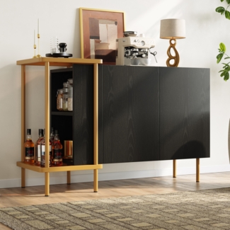 Merax Sideboard-Schrank mit 2 Türen und 2 offenen Fächern, Couchtisch aus Metall/Glas, Schwarz, 120 x 40 x 77.5 cm (LxBxH)