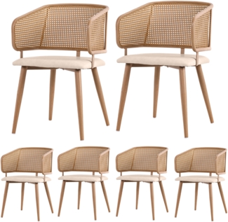 Merax Esszimmerstuhl (Set, 6 St), 6er Set Polsterstühle mit Rattan-Rückenlehne, Sitzkissen aus PU-Leder, bequem und atmungsaktiv, beige