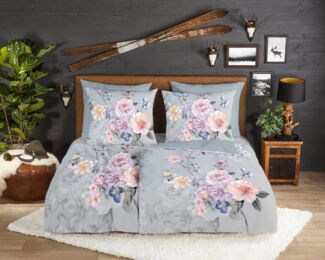 JACK Wendebettwäsche 135x200cm, Blütenzauber Blaugrau, Flanell, 2 teilig, mit zartem Blütendesign auf dunklem Hintergrund