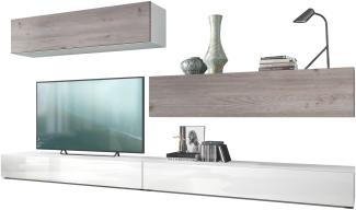 Vladon Wohnwand Nublo, Anbauwand mit Rückwand mit 2 Klappen und 2 Sockelelementen, Korpus Weiß matt, Fronten Weiß Hochglanz und Eiche Nordic (280 x 147 x 39 cm)