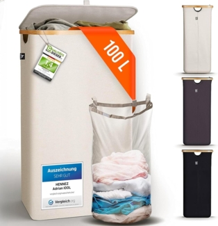 HENNEZ Wäschekorb mit Griff aus Bambus, 100 l – Wäschekorb mit Deckel, Dunkelgrau